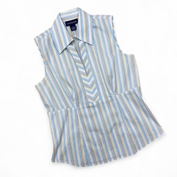 Y2K Vintage Ann Taylor Blue‎ White Striped Sleeveless Blouse 2 Collared Fitted - Picture 2 of 4